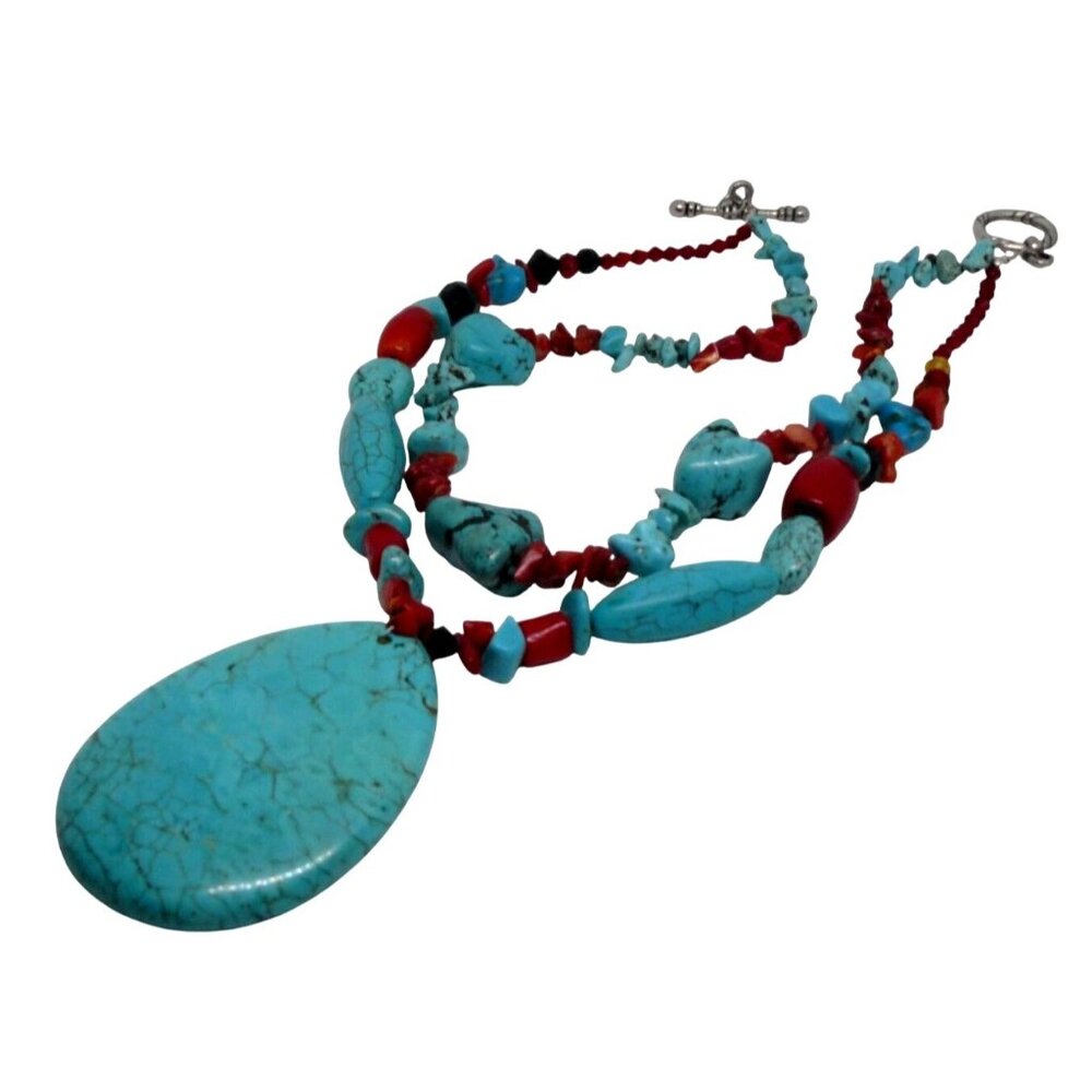 Turquoise & Coral Beaded Necklace with Large Teardrop Pendant Vintage